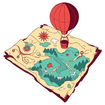 An ancient map is displayed, showing a series of whimsical illustrations and detailed markings. In the center, there is a red gas balloon with a basket, soaring above various mystical lands. The map features rolling hills with teal forests and winding rivers depicted in flowing lines below the balloon. Surrounding the balloon are intricate compass roses and symbols denoting enchanted creatures and hidden treasures. The edges of the map are adorned with aged scrollwork that enhances the adventurous theme of exploration.