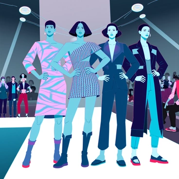 A group of five models with diverse skin tones and hairstyles are posing on a futuristic runway. Each model is wearing a unique, avant-garde outfit that features bold patterns, unconventional shapes, and innovative materials. One model has an asymmetrical dress made of iridescent fabric that catches the light in various colors. Another model is adorned in a sculptural outfit made of woven metallic elements, creating a three-dimensional effect. A third model is showcasing a suit with exaggerated shoulders and geometric cutouts. In the background, an audience is captivated, with flashes from cameras illuminating the scene as they admire the artistic creations. Bright lights illuminate the runway, adding to the dynamic atmosphere.