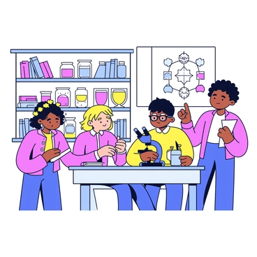 A school laboratory with bright, well-lit workstations. A group of four students, two boys and two girls, are gathered around a table covered with various scientific equipment. One girl, with curly hair, is holding a beaker filled with a colorful liquid. A boy with glasses is taking notes in a notebook. The other boy is carefully using a microscope, while the remaining girl is pointing at a chart on the wall that displays the scientific method. The shelves in the background are filled with jars of different substances and textbooks. The students are engaged in their project, demonstrating teamwork and collaboration.