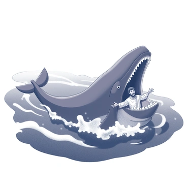 A large whale with a wide-open mouth is depicted as it swallows a man named Jonah. Jonah is shown inside the whale's mouth, with his arms outstretched and a look of surprise on his face. The surrounding ocean is filled with dark, swirling waves that create a sense of movement and depth. The water appears turbulent, with the foam of the waves highlighted around the whale. The overall scene captures the dramatic moment of Jonah's encounter with the whale amidst the dark ocean environment.