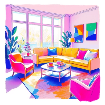 A stylish living room features a large, bright yellow sofa with geometric patterns. In front of the sofa, there is a glass coffee table with a unique triangular shape. To the side, a bold red armchair complements the color scheme. On the walls, there are colorful abstract paintings in shades of blue, green, and orange. The floor is covered with a textured area rug that has a mix of these colors. Large windows allow natural light to fill the room, highlighting the vibrant decor. A few indoor plants are placed in corners, adding a touch of greenery.