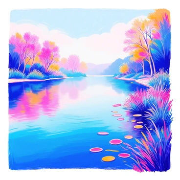A tranquil lake is depicted, surrounded by lush greenery. The surface of the water is smooth and reflects the morning fog hovering above it. The fog creates a gradient effect that transitions from "white" at the lake's edge to "light blue" further away. Soft ripples can be seen where the water meets the shore. In the distance, silhouettes of trees emerge softly through the mist. The overall composition captures the quiet beauty of early morning.