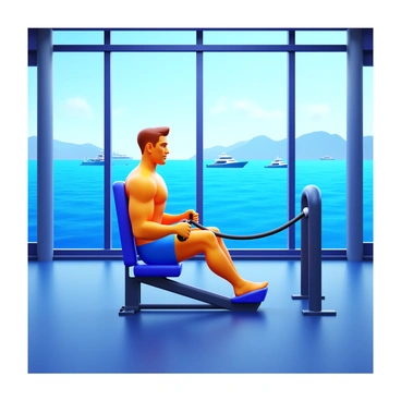 A gym by the waterfront with large glass windows showcasing a stunning view. An athlete with a focused expression is performing seated cable rows with precise technique, gripping the cable handle firmly. The interior of the gym is well-lit, highlighting the athlete's muscles and the cable machine. In the distance, several boats are visible gliding across the water, with gentle ripples creating a serene backdrop. The sky is clear, allowing natural light to illuminate the scene.
