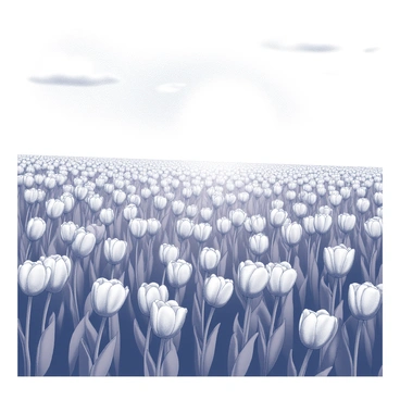 A vast field filled with an abundance of tulips, each flower exhibiting distinct shapes and details. The tulips are arranged in rows, creating a visually striking pattern across the landscape. Each flower stands tall, with some petals open wide while others are still in bloom. The sun shines brightly above, illuminating the scene against a clear blue sky with minimal clouds. The gentle breeze causes the flowers to sway softly, creating a dynamic visual effect across the field.