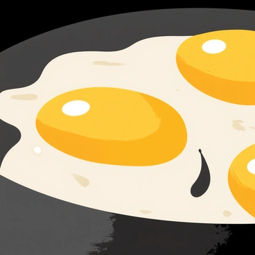 A close-up of a frying pan with perfectly cooked "sunny-side-up eggs." The eggs feature bright yellow yolks with a glossy surface, surrounded by tender white edges that are lightly browned. The pan is black with a shiny finish, and there are small bubbles of sizzling oil around the edges of the eggs. The background is blurred, focusing attention on the eggs and the pan.