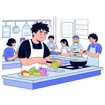 Ayanokoji is standing at a kitchen counter in a bustling cooking class, focused on preparing a dish. He is wearing a white apron over a dark shirt and has short black hair. On the counter in front of him are fresh vegetables and ingredients neatly arranged. He is chopping a bell pepper with a sharp knife, and there is a frying pan heating on the stove beside him. In the background, fellow students are busy cooking, creating a lively atmosphere. The walls of the kitchen are adorned with instructional posters and pots hanging from hooks.