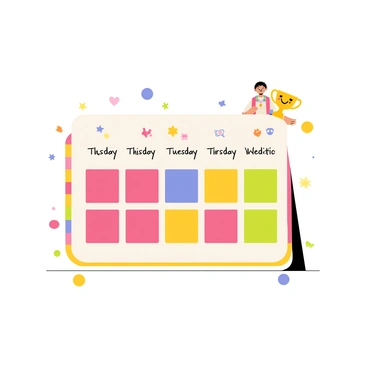 A bright and colorful reward chart for potty training, featuring a large rectangular chart with a rainbow border. The chart displays a grid layout with various rows and columns labeled with days of the week. Each square is filled with vibrant colors, including red, blue, yellow, and green. There are small, circular stickers in different shapes, such as stars, hearts, and animals, scattered around the chart, ready to be placed in the squares. An illustration of a cartoon character, such as a happy child, is positioned at the top, smiling and holding a potty training trophy.