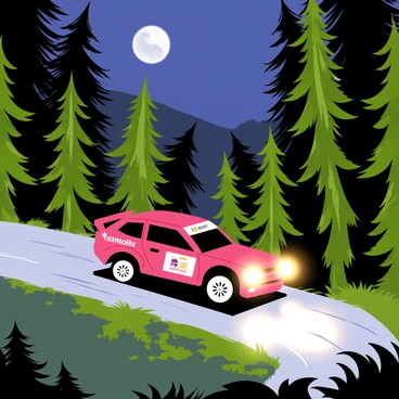 A rally car with bright headlights is navigating a winding forest track under the night sky. The car is painted in a vibrant red color with large sponsor logos on its side. Lush green trees surround the track, their dark silhouettes contrasting against the headlights' beam. The road is narrow, twisting sharply around a bend, with gravel flying up behind the car as it speeds through the curve. The moon is partially visible, casting a soft glow on the landscape.