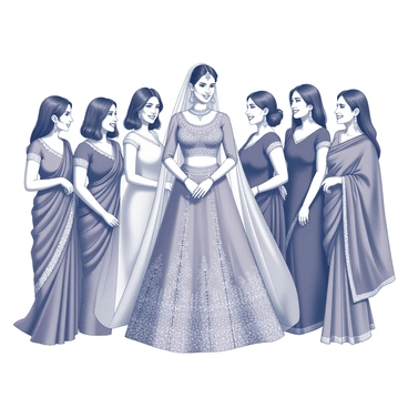 A modern Indian bride is standing gracefully at the center. She is adorned in an intricately designed lehenga, featuring delicate embroidery and embellishments. Her hair is styled elegantly, complemented by a traditional maang tikka and jewelry that accentuates her features. Surrounding her are her bridesmaids, each wearing distinct outfits that share a common color theme while showcasing unique styles. Some bridesmaids wear elegant sarees, while others are dressed in chic anarkalis or contemporary dresses. Each outfit is detailed with rich fabrics and intricate patterns. The group is posed together, exuding joy and celebration, with a backdrop that suggests the festive ambiance of a wedding.