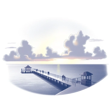 Bournemouth Pier extending into the water. The structure includes a wooden boardwalk and a small pavilion at the end. Silhouettes of several people are visible, walking along the pier. The sky above is filled with dramatic cloud formations, showcasing a range of colors. The sun is positioned near the horizon, casting long shadows and illuminating the scene with a soft glow. The ocean below reflects the sky's shapes and textures.