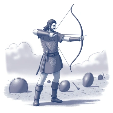 An ancient warrior aiming a longbow in a historical battlefield setting