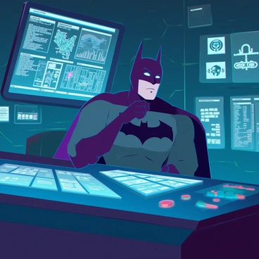 A brooding Batman with a strong jawline and intense eyes, wearing his iconic dark gray suit, is sitting at a sleek, high-tech desk in the Batcave. The desk is covered with an array of advanced gadgets and monitors displaying various crime statistics and city maps. Dim, blue lighting casts shadows across the room, highlighting the contours of Batman's muscular build. He has one hand resting on his chin, deep in thought, while the other hand is poised over a holographic control panel projecting data. The cave walls are lined with high-tech equipment and memorabilia from past battles, creating an atmosphere of focused determination.