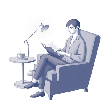 An employee is seated comfortably in a plush armchair, engrossed in a book. The armchair is upholstered with a textured fabric, showing its inviting nature. A small side table next to the chair holds a steaming cup of tea, indicating a moment of relaxation. The room has a warm atmosphere, enhanced by a soft lamp casting gentle light over the pages of the book. The employee, dressed in casual attire, appears focused and absorbed in the story, creating a scene of quiet enjoyment.