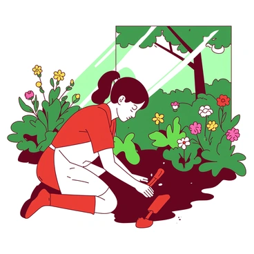 A red person is kneeling in a vibrant garden, gently planting seeds into the dark brown soil. Surrounding the person are lush green plants and blooming flowers in various colors, creating a lively environment. The person is wearing a white gardening apron and holding a small orange trowel. Sunlight filters through the trees above, casting soft shadows across the garden, enhancing the feeling of care and growth in this nurturing scene.