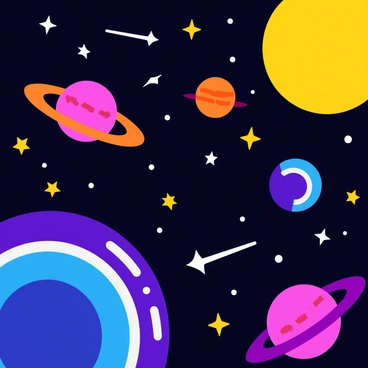A colorful space scene featuring several planets shaped like radio dials. The planets are depicted in various sizes and colors, each having distinct markings and textures resembling tuning knobs and frequency scales. Bright stars scatter across the dark background, twinkling in white and yellow hues. A large, glowing sun shines in one corner, casting rays of light that illuminate the planets. In the foreground, a comet streaks by, leaving a sparkling trail behind it.