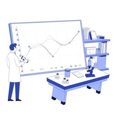 A laboratory setting with a large graph displayed prominently on a wall. The graph features several lines representing different antigens, with various points and peaks indicating their profiles. Around the graph, there are laboratory equipment such as beakers, test tubes, and a microscope on a workbench. A researcher in a lab coat is standing nearby, taking notes on a clipboard while observing the graph intently. The background contains shelves filled with scientific books and additional lab materials.