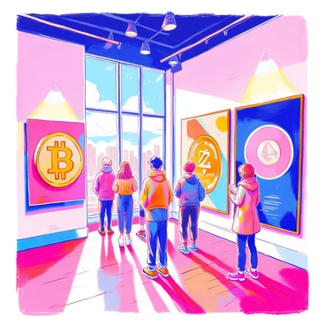 An art gallery features walls adorned with large digital paintings. Each painting prominently displays a different cryptocurrency logo, such as "Bitcoin," "Ethereum," and "Ripple." The logos are rendered in vibrant colors and intricate designs. The gallery space includes sleek modern lighting and polished wooden floors. Visitors can be seen admiring the artwork, some taking notes or discussing the pieces. In the background, a large window allows natural light to flood in, illuminating the gallery.