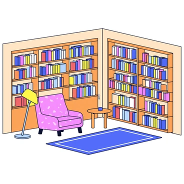 A cozy library room with wooden shelves filled with various books. The room has a warm color palette with soft lighting. In one corner, there is a comfortable reading nook featuring a plush armchair with a patterned fabric and a small side table. A bright lamp stands beside the chair, illuminating the space. A decorative rug is placed on the floor, adding to the inviting atmosphere.