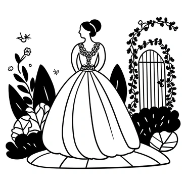 A bride wearing a classic Coco Chanel inspired wedding dress in a garden
