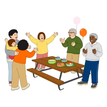 A joyful family reunion scene with several family members greeting each other. There are individuals with varied skin tones, hair types, and facial features, showcasing a diverse mix. One person with curly black hair and tan skin is opening their arms wide for an embrace. A woman with straight brown hair and light skin is smiling, holding a child with puffy red hair and freckles. Another individual with short, curly hair and medium brown skin is laughing, while an older person with grey hair and dark skin is clapping their hands in excitement. The background features a picnic table with colorful dishes and a few balloons floating nearby.