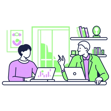 A senior business leader is sitting in a cozy office, engaged in a mentoring session with a young entrepreneur. The senior leader, dressed in a tailored suit, has a thoughtful expression while leaning forward slightly, emphasizing the conversation. The young entrepreneur, wearing a smart casual outfit, looks attentive and inspired. On the desk between them, there is a laptop open, with charts and graphs visible on the screen. Shelves in the background hold books and awards, adding to the professional atmosphere of the office. A window allows for natural light to fill the room, creating a warm and inviting environment.