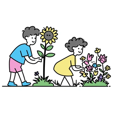Two children are playing hide-and-seek in a vibrant garden filled with colorful flowers. One child, wearing a blue t-shirt and red shorts, is peeking behind a tall sunflower. The other child, with curly brown hair and dressed in a yellow dress, is crouching behind a bush of pink roses. The garden is abundant with various flower types, including daisies, tulips, and marigolds, creating a lively and cheerful atmosphere around them.