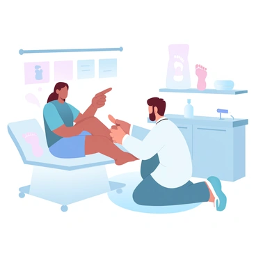 A patient is sitting on an examination table in a medical office. The patient, dressed in casual clothing, is pointing to the top of their foot to indicate an area of pain. The podiatrist, dressed in a white coat, is kneeling beside the patient, examining their foot closely. Medical equipment, such as a reflex hammer and a foot model, is visible on a nearby counter. Soft lighting creates a calm atmosphere in the room.