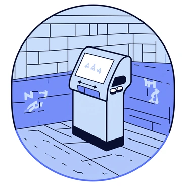 A fare machine with a sleek design, featuring a touch screen and a series of buttons, stands in a subway entrance. The machine is made of metallic materials, showing a polished surface that reflects the dim light of the surroundings. The entrance is empty, with tiled floors and walls that are adorned with subtle subway-themed graphics. A faint glow from the machine illuminates the immediate area, while the overall scene conveys an atmosphere of stillness.