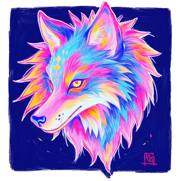A wolf head is prominently displayed, showcasing detailed fur textures and sharp features. The head is adorned with dragon scales that shimmer in various colors, reflecting light in a captivating manner. The eyes of the wolf are ethereal and glowing, emitting an otherworldly luminescence. The background is dark, which enhances the vibrant colors of the scales and the intensity of the glowing eyes.