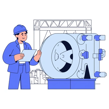 An engineer wearing a blue hard hat is inspecting hydropower equipment. The engineer is holding a clipboard and taking notes. Next to the engineer is a large, shiny turbine with visible blades and pipes connected to it. The background shows industrial elements like beams and machinery, emphasizing the hydropower facility.