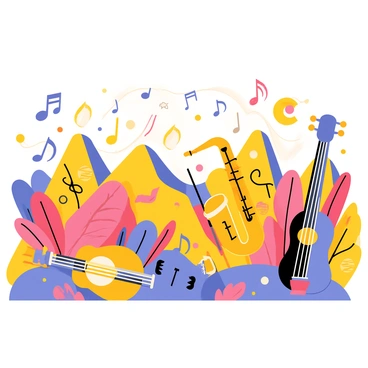 A mural featuring a vibrant landscape filled with various musical instruments, including a guitar, a saxophone, and a violin, all interspersed among colorful, flowing musical notes. The instruments are arranged in a dynamic pattern, suggesting movement and rhythm. The background is a gradient of warm colors, enhancing the lively atmosphere. Musical notes in different sizes and colors flow throughout the scene, creating a sense of harmony and melody.