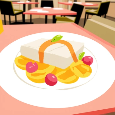 A gourmet dish featuring a perfectly cooked cod fillet, elegantly placed at the center of a round white plate. The cod fillet is garnished with bright green herbs and a drizzle of vibrant orange sauce. Surrounding the fillet are colorful sautéed vegetables, including yellow bell peppers and red cherry tomatoes. In the background, a softly lit restaurant ambiance is visible, with wooden tables and plush seating, enhancing the dining experience.