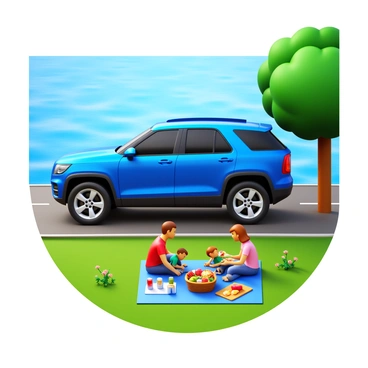 A crossover SUV parked near a riverbank. There are four family members sitting on a picnic blanket, enjoying a meal. The SUV is a vibrant blue color, and its sleek design stands out against the natural backdrop. The river reflects the sunlight, creating a shimmering effect. The family includes two adults and two children, with a basket full of food and drinks placed on the blanket. Nearby, there are trees providing shade, and a few wildflowers scattered along the riverbank.