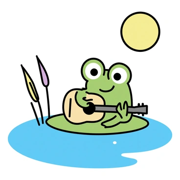 A green frog with large, expressive eyes sitting on a lily pad. The frog is holding a small wooden guitar, strumming it with its webbed fingers. The scene is illuminated by a full moon, casting a soft glow over the water. Surrounding the lily pad are gentle ripples in the water, reflecting the moonlight. In the background, tall reeds sway slightly in the night breeze.
