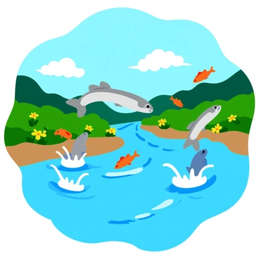 A vibrant scene of a flowing river with crystal-clear water. Numerous fish of different shapes and sizes are leaping out of the river, glistening in the sunlight. Their scales reflect shades of silver, orange, and blue. The riverbanks are lined with lush green grass and colorful wildflowers. Above, the sky is a bright blue with a few fluffy white clouds scattered. The sunlight creates sparkling patterns on the water's surface as the fish splash back down.