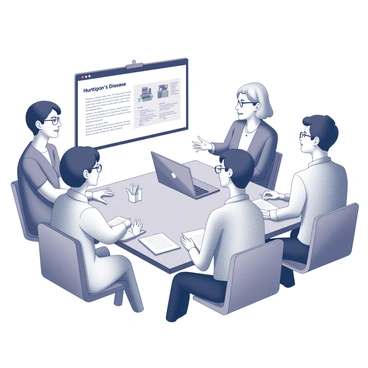 A group of four researchers appears on a video conference call. Each researcher is sitting at their respective desks, with laptops open in front of them. One researcher, a woman with short hair, is speaking, gesturing with her hands to emphasize her points. She has a notepad beside her with handwritten notes. Another researcher, a man with glasses and a beard, is listening intently while taking notes on his tablet. The third researcher, an older woman, has a concerned expression as she looks at the screen, and she has a bookshelf filled with medical textbooks visible in her background. The fourth researcher, a young man, appears engaged with a pen in hand, ready to contribute. On the screen, a presentation slide about "Huntington's Disease" is displayed, containing diagrams and key points, providing context for their discussion.