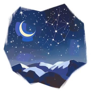 A lithographic rendering of a night sky filled with stars, showcasing various constellations. The sky is a deep indigo, speckled with bright white stars of different sizes. The constellations are clearly defined, with lines connecting the stars to illustrate their shapes and patterns. A crescent moon is positioned in one corner, adding a soft glow to the scene. The overall composition emphasizes the vastness of the night sky and the intricate details of the celestial arrangement.