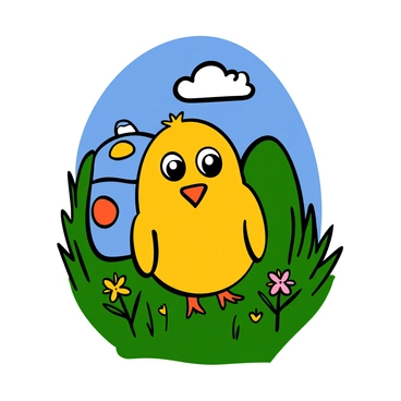 A determined chick with yellow feathers and big eyes is standing confidently, wearing a tiny blue backpack with colorful patches. The chick has a small beak and is surrounded by green grass, with a few wildflowers nearby. In the background, there is a bright blue sky and a distant hill, hinting at the adventure ahead. The chick is looking forward, ready to embark on its quest to find "the biggest egg."