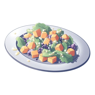 A flat plate featuring a vibrant salad. The salad is composed of diced sweet potatoes, mixed leafy greens, and various textures throughout. There is a drizzle of a tangy dressing over the ingredients, enhancing the visual appeal of the dish. The arrangement is artful, with the sweet potatoes and greens thoughtfully layered. The plate itself has a simple design, drawing attention to the colorful components of the salad.