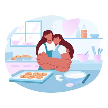A girl with long hair is warmly hugging her mother in a cozy kitchen. The mother is wearing an apron and has flour on her hands, indicating they are baking. The kitchen is filled with the aromas of freshly baked cookies, with a tray of golden-brown cookies cooling on the counter. There are bowls with cookie dough and various baking utensils scattered around. The warm light coming from the window enhances the inviting atmosphere of the scene. A subtle heart-shaped motif is featured on the wall in the background.