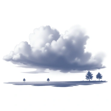 A landscape dominated by dark, swirling storm clouds forming on the horizon. The clouds are dense and ominous, creating a dramatic contrast against the lighter sky. The foreground features a wide expanse of open land, with a few sparse trees bending slightly in an unseen wind. The atmosphere conveys an impending cold front as the shapes of the clouds suggest a brewing storm, adding tension to the scene.