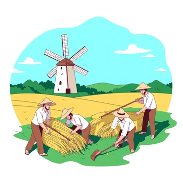 A group of farmers is harvesting golden wheat crops in a vibrant green field. In the background, there is a tall white windmill with rotating blades, standing proudly against the landscape. The sky above is clear and blue, with a few wispy clouds scattered throughout. The farmers are wearing straw hats and working together, with some using sickles and others gathering the harvested wheat into bundles. The scene captures the essence of a bountiful harvest day on the farm.