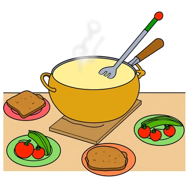 A large pot of creamy cheese fondue is sitting on a wooden table, with steam rising from the bubbling surface. The pot is gold and shiny, with a wooden handle. Surrounding the pot are various dipping items, including slices of crusty bread, bright green bell pepper strips, and vibrant cherry tomatoes. Each piece is arranged neatly on colorful plates. A long, silver fork with a colorful handle is placed near the pot, ready for dipping. The scene is warmly lit, highlighting the delicious textures of the cheese and the fresh ingredients.