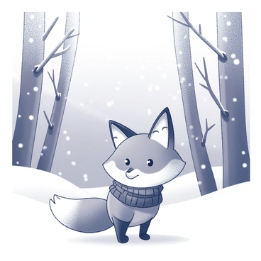 A fox is standing in a snowy forest. The fox has a fluffy tail and is wearing a cozy knitted scarf around its neck. The forest is filled with snow-covered trees and the ground is blanketed in white snow. There are snowflakes gently falling around the fox, creating a wintery atmosphere. The fox has a curious expression as it gazes into the distance.