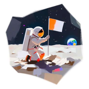 A stickman astronaut with a simplistic drawn style is kneeling on the moon's surface while planting a flag into the lunar soil. The flag features a simple design, proudly held in the astronaut's hand as it is pushed into the ground. The moon's surface is depicted with a textured gray color, dotted with small craters and rocks. In the background, a dark sky is visible, filled with scattered stars. The earth can be seen in the distance, a small blue and green sphere hanging against the blackness of space.