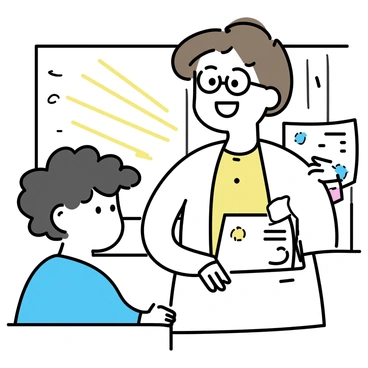 A teacher, with short brown hair and wearing glasses, is standing beside a desk in a classroom. The teacher is smiling and holding a piece of homework with colorful stickers attached to it. A student, with curly black hair and wearing a blue shirt, is sitting at the desk with a proud expression. The classroom has a chalkboard behind them, with drawings and notes visible. Sunlight is streaming through a window, casting a warm glow in the room.