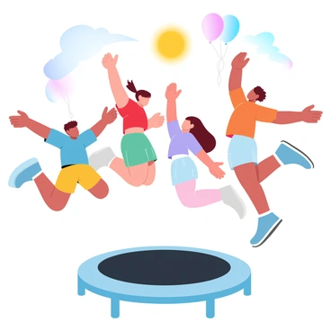 A group of children is in mid-air above a trampoline, each child is captured in the moment of jumping. There are four children, each wearing colorful clothing. One child is wearing a blue shirt and yellow shorts, another is dressed in a red t-shirt with green pants, a third child has on a purple top and pink leggings, and the last child is in an orange shirt and denim shorts. Their arms are outstretched and their bodies are angled upward as they leap together. A bright sun is shining above them, and soft clouds are scattered across the sky. Above the trampoline, there are multiple colorful balloons floating.
