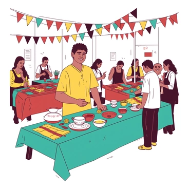A yellow artisan is standing proudly at a stall showcasing a variety of handmade crafts. Each item is uniquely crafted, with intricate designs visible on handmade pottery and woven textiles displayed on a teal table. Surrounding the stall, there are other artisans engaged in their crafts, creating a bustling atmosphere. Colorful banners hang above, catching the eye and adding to the lively environment of the craft fair. The setting is filled with visitors admiring the displays and interacting with the artisans.