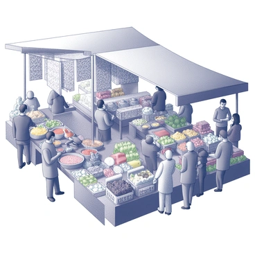 A bustling marketplace filled with a variety of vendors. One vendor is showcasing colorful spices displayed in neatly arranged baskets. Another area features rolls of intricate fabrics hanging on display, inviting customers to touch and feel their texture. Fresh produce is abundant, with stacks of fruits and vegetables arranged in vibrant piles, highlighting their freshness. Shoppers are interacting with the vendors, some negotiating prices and others examining the goods closely. The atmosphere is filled with activity and lively conversation, creating a rich, immersive scene.