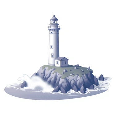 A tall lighthouse stands firmly atop a rugged cliff. The structure is cylindrical, with a rotating light at the top and several windows providing a view of the sea. Below, powerful waves crash against the rocky base of the cliff, sending up sprays of white foam. The scene conveys a sense of isolation, as the surrounding landscape features jagged rocks and sparse vegetation. The sky above is clear, allowing for an unobstructed view of the lighthouse's stark silhouette against the horizon.